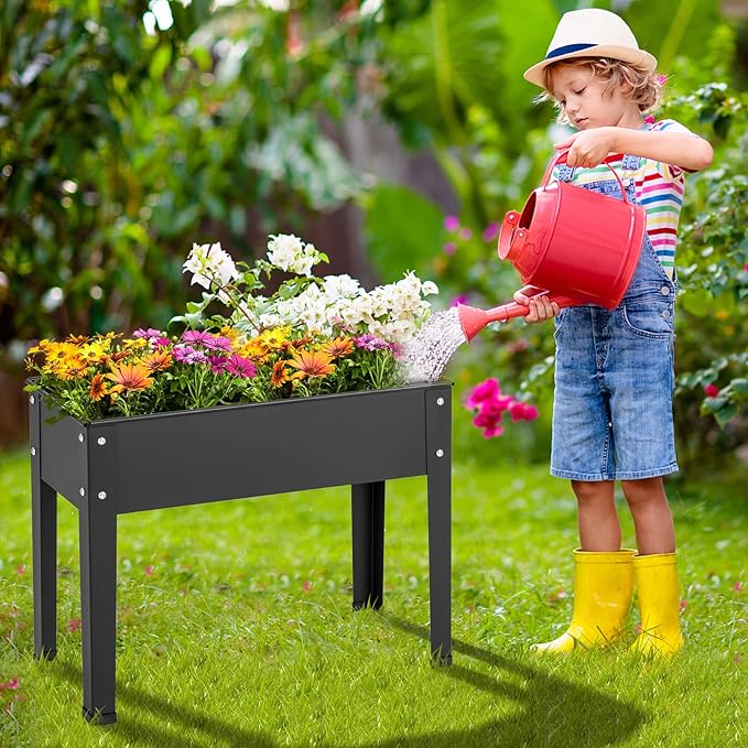 HAPPYGRILL Raised Garden Bed, 18” Elevated Planter Box w/Legs, Drainage Hole, Hemming Design, Metal Garden Box for Vegetable Herb, Outdoor Raised Beds for Gardening, Backyard Porch Balcony, Black