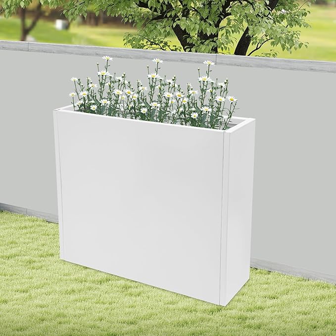 Metal Planter Box, Tall Rectangular Raised Garden Bed with Removable Shelf and Drainage Holes, Modern Steel Garden Planter, Flower Planter Boxes for Patio, Yard & Porch, Outdoor (White, 34*10*30in)