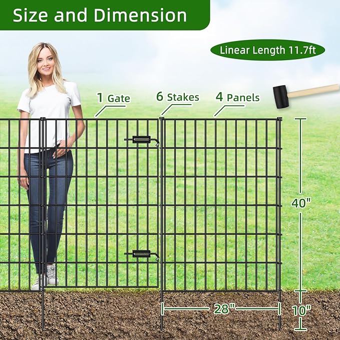 Metal Garden Fence with Gate 40in (H) x 11.7ft (L), 1 Gate + 4 Panels Dog Fence Border Fence Animal Barrier, No Dig Garden Fencing for Yard Flower Bed Lawn Patio Outdoor, PIN402805G Black