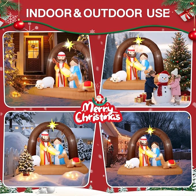 8FT Christmas Inflatables Nativity Scene Decorations Outdoor，Blow Up Nativity Scene with Built-in LEDs Lights for Indoor Holiday Party Yard Garden Lawn Décor