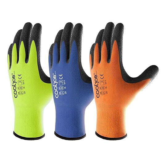 COOLJOB 3 Pairs Safety Work Gloves with Grip Latex, High-vis Assorted Colors in Orange Blue Yellow, Rubber Dipped Coating for Moving, Gardening, Farming, Package Handler Postal Worker, Medium