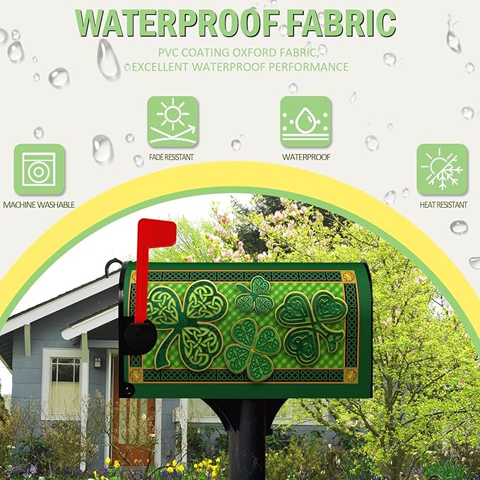 St Patrick Day Mailbox Covers Magnetic Standard Size Green Shamrocks Good Luck Four Leaf Clover Mailbox Wraps Happy St. Patrick's Day Mailbox Post Cover Waterproof Garden Decor 21x18 Inch