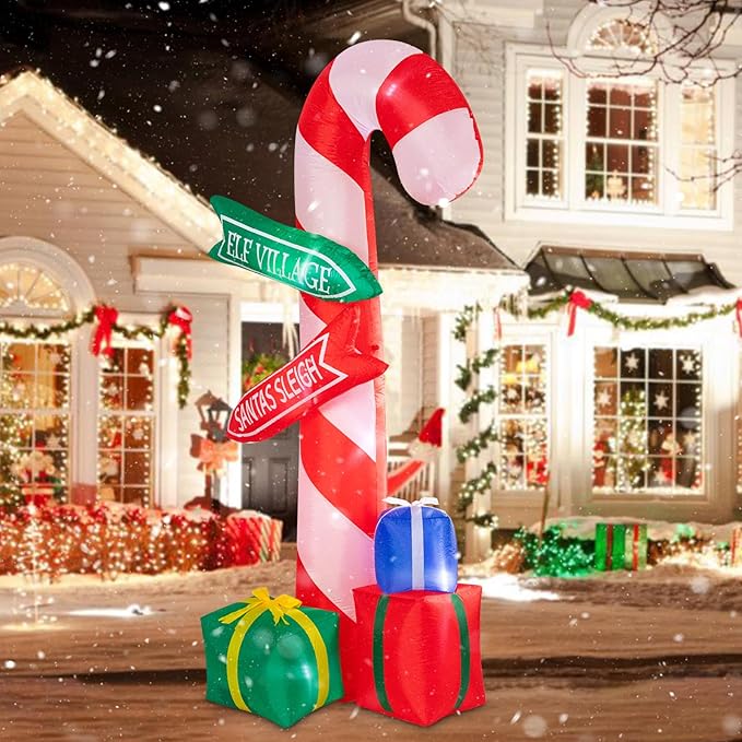 MUMTOP 9 Ft Tall Christmas Inflatables Outdoor Decorations, Inflatables Candy Cane with Road Sign Blow up Merry Christmas Bag Yard Decoration Built-in LED Lights for Outdoor Party Holiday Decor