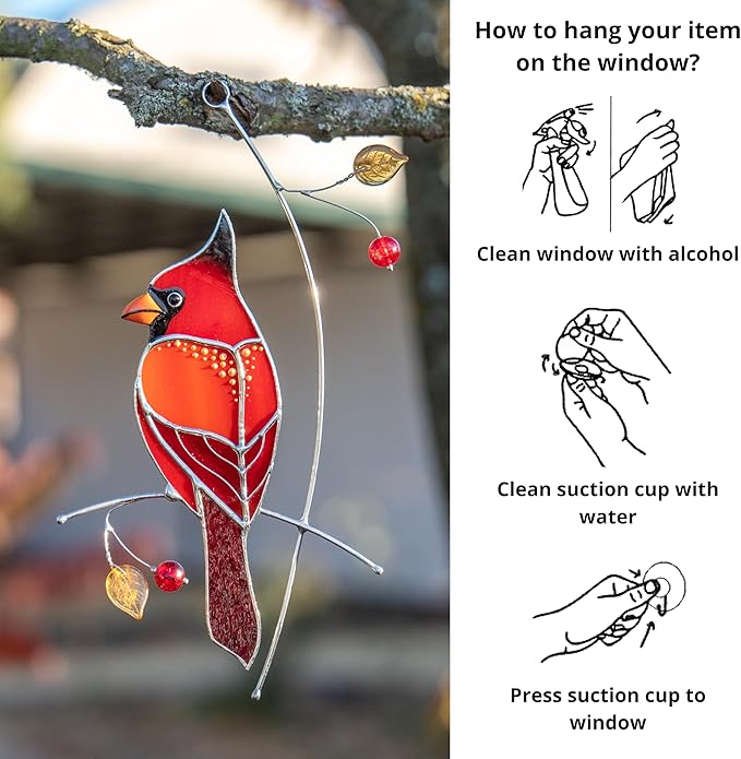 Hummingbird Cardinal Birds Stained Glass Suncatcher Genuine Stained Glass Window Hangings Unique Indoor Ornament & Outdoor Decor (Golden Cardinal)
