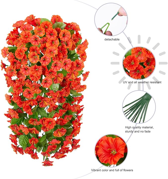 HyeFlora Artificial Fake Fall Hanging Flowers Plants for Outdoor Outside, 2PCS Faux Silk Orange Morning Glory Trailing Vines UV Resistant Look Real for Home Planter Porch Patio