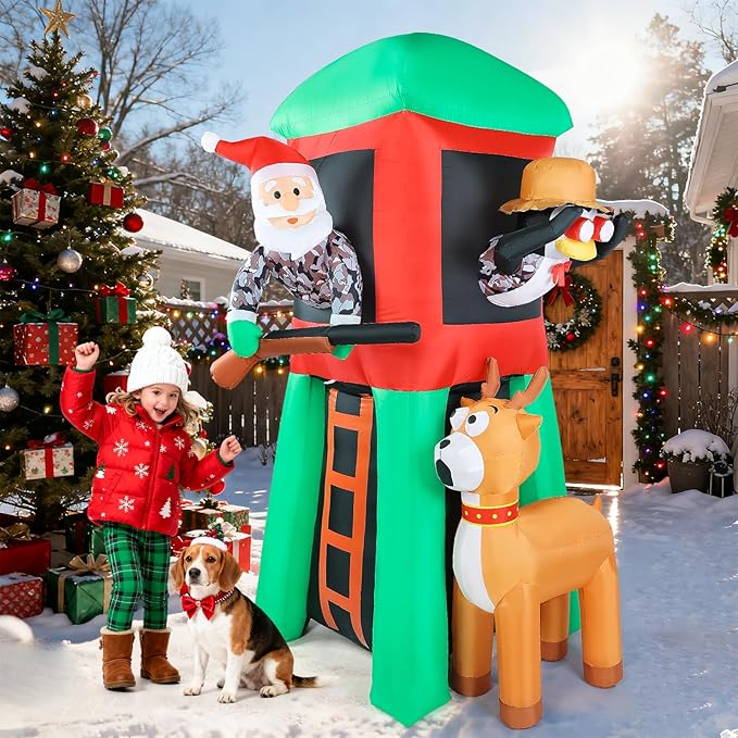 Christmas Inflatable Outdoor Decorations, 7FT Inflatables Camouflage Santa Claus Deer Hunter Yard Decor with Penguin, LED Lights Blow up Giant Reindeer for Holiday Indoor Outside Lawn Garden