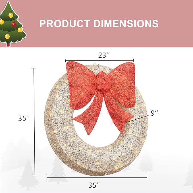 Lamerge 1PC Pre-Lit Outdoor Christmas Wreath Decorations, 36'' Bow Holiday Decor Wreath, Christmas Wreath with 90 Lights, Lights Outdoor/Indoor Decorations for Front Door, Wall, Window, White