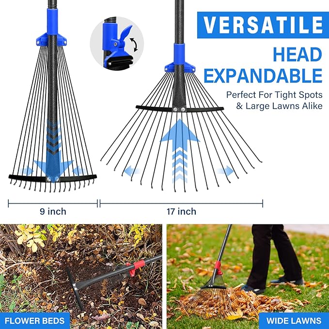 Lightweight Leaf Rake for Lawn, 8-17" Expandable Head with Metal Tines for Leaves, Shrubs & Small Areas, 75-Inch Adjustable Long Handle with Comfort Grip Senior Friendly