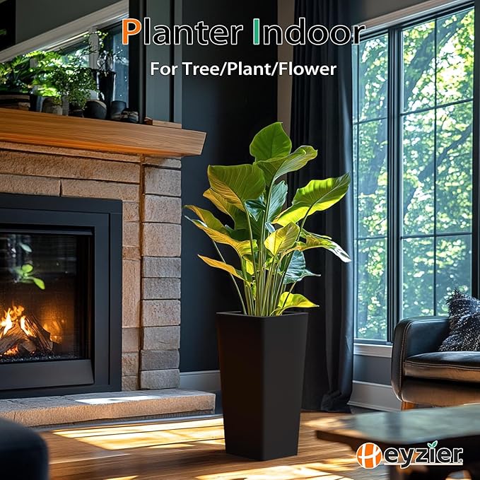 Tall Planters for Outdoor Plants, Large Resin Flower Pots for Garden, Front Porch, Patio, Indoor - Set of 2 (Black, 28 inch - 2 Pack)
