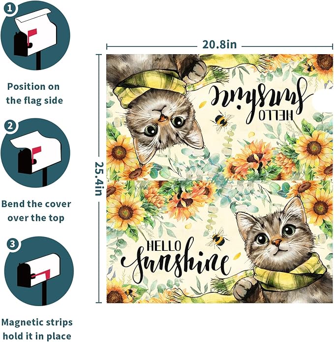 Hello Sunshine Cat Magnetic Mailbox Cover for Garden Yard, Summer Sunflowers Bee Kitten Waterproof Mailbox Wrap Post Cover for Outdoor Outside Patio Decor, Large Size 25.5x21 Inch