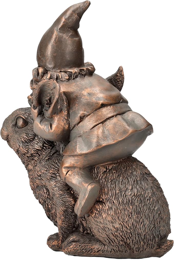 Pacific Giftware Bronze Gnome on Bunny Figurine, 8.07-inch Height, Gold Cast Broze, Table Decoration