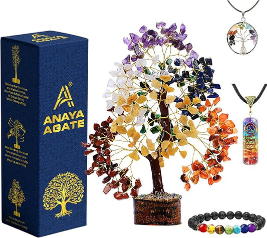 7 Chakra Healing Crystal Tree Kit, Bracelet, Pendant, Necklaces, Handmade Gemstone Money Bonsai Tree of Life Feng Shui Decor for Home Office, Positive Energy, Reiki Healing, for Women