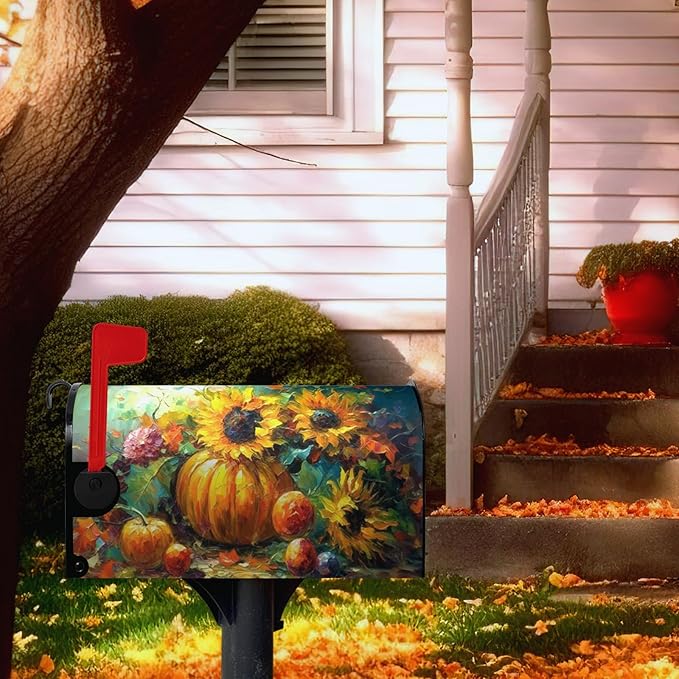 Fall Thanksgiving Magnetic Mailbox Cover Harvest Pumpkin Mailbox Wraps Waterproof Daisy Floral Mailbox Post Letter Box Covers Oversize Large Size 25.5 X 21 Inches for Home Garden Yard Outside