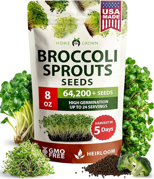 HOME GROWN Broccoli Seeds 8 oz - for Sprouting or Microgreens High Germination Sprout Seeds Nutritious Micro Greens - Broccoli Sprouts in 5 Days - Sulforaphane Rich