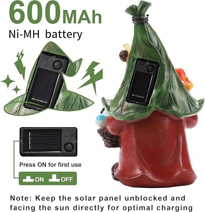Gnome Solar Garden Statue with 3 LED Lights, Mushroom-Picking Gnome Statue Outdoor Decor for Patio, Yard, Balcony, Lawn Ornament, Unique for Mom