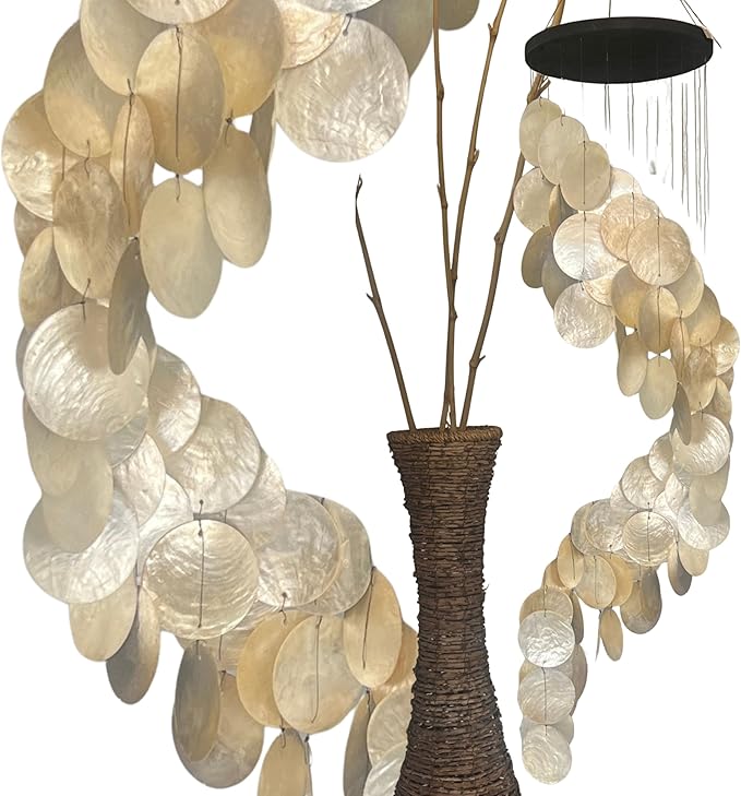 Bellaa 24537 Wind Chimes Outdoor, Garden Decorations, Musical, Indoor/Outside Windchimes, Beach, Ocean Breeze, Gifts for Mom, Gift for All Occasions, Capiz Sea Glass Shells Wood 27 inch White Gold