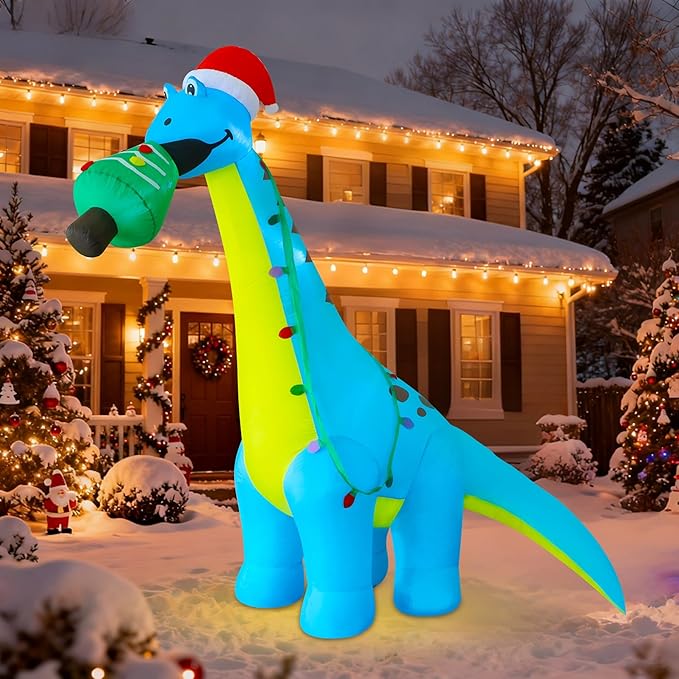 DR.DUDU 12 FT Christmas Inflatable Outdoor Decorations, Large Blow Up Dinosaur Inflatables with Santa Hat Christmas Tree Light up Giant Xmas Holiday Decor for Yard Lawn Garden Outside