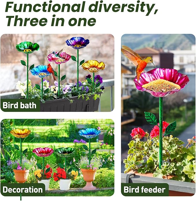 Metal Bird Baths for Outdoors, Garden Bird Bath & Bird Feeders with Metal Stake, Hummingbird Feeder for Outdoor Garden Yard Lawn Decor (5PCS)