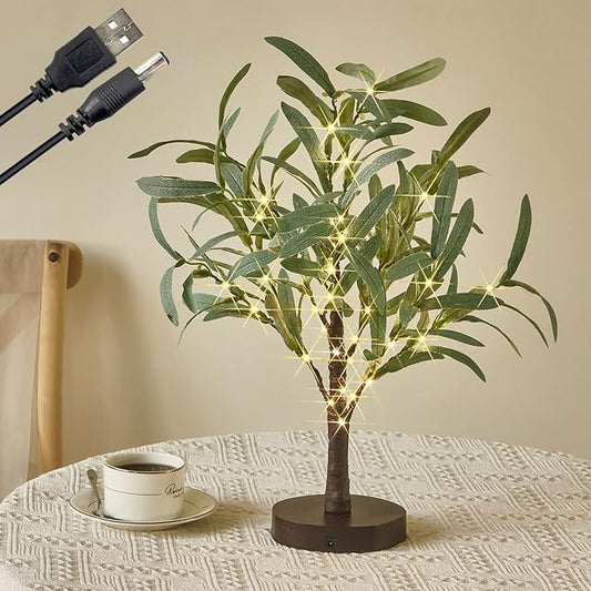 Fudios Little Lighted Tree with Timer 18in 50 LED USB Battery Operated Table Top Bonsai Olive Trees Light Artificial Plant for Home Decor Indoor