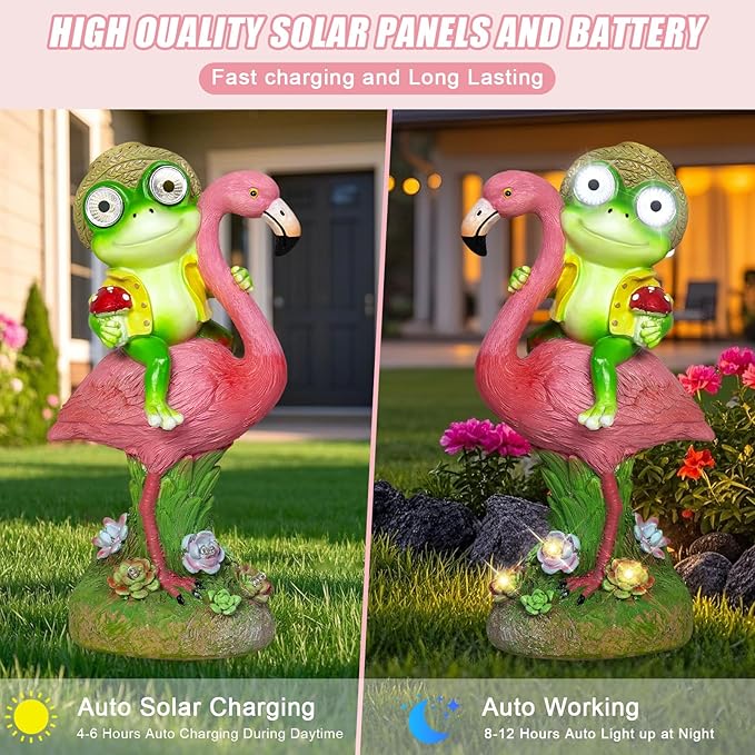 Solar Garden Decor Statue, Waterproof Flamingo Frog Outdoor Figurine with Lights, Cute Christmas Birthday Housewarming Gift for Women, Mom, Grandma, Art Decor for Yard Lawn Ornament