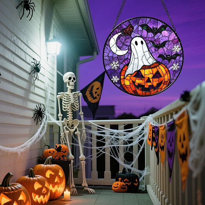 Stained Glass Window Hanging Halloween Horror Pumpkin 7.8" - Suncatcher Door Garden Sunroom Gothic Style Ghost Bat Sun Catcher Birthday for Friend Mom Men Woman Nana