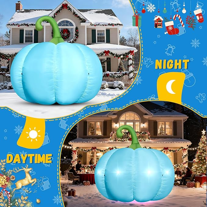 4.6FT Christmas Inflatable Pumpkin Blow-up Blue Pumpkin Build-in 4 LED Lights for Blue Christmas Outdoor Decorations Giant Inflatable Fake Pumpkins for Winter Xmas Party Decor Yard Garden Lawn