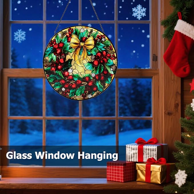 Stained Glass Window Hanging, Christmas Festive Holly and Red Berries Suncatcher for Doors Home Sun Catchers Decoration and Christmas, Mother's Day Birthday Gifts for Women, Men, and Mom (8 Inch)