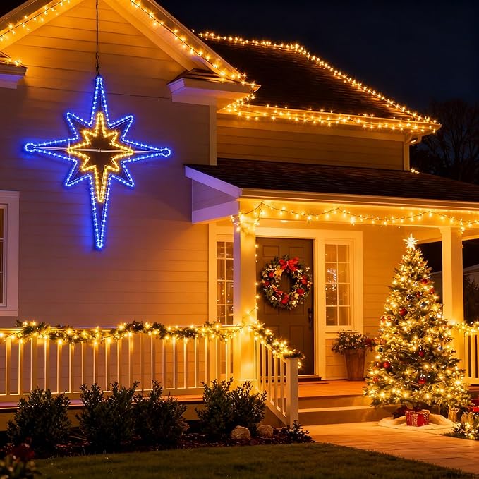Outdoor Christmas Star of Bethlehem Large LED Star Window Plug Operated Lighted for Xmas Wall Window Indoor Outside Home Street Store Holiday Decorations(43'',Warm, Blue Light)