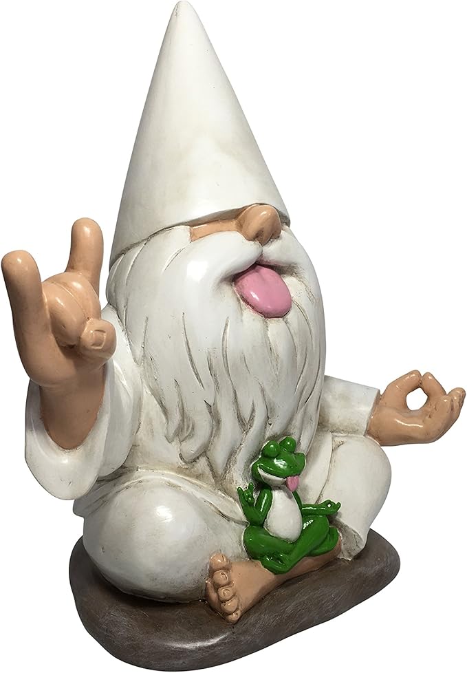 GlitZGlam Rocker Gnome George with Zen Frog - This Garden Gnome Combines Peace, Tranquility and Rock N Roll for Your Fairy Garden