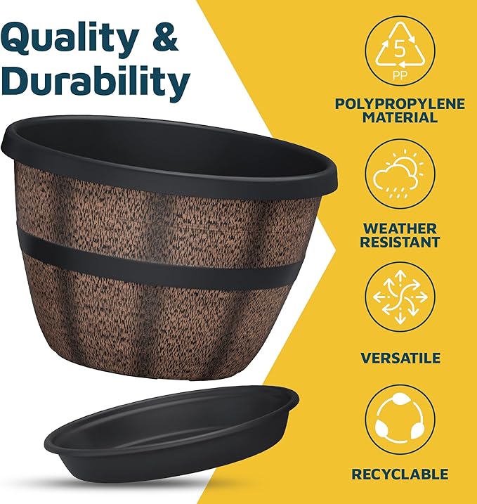 10-Inch Whiskey Barrel Planters Outdoor Pack of 10 - Durable Plastic Plant Pots for Indoor & Outdoor Use with Drainage & Saucer, Lightweight Rustic Barrel Planters for Flowers, Herbs & Small Plants