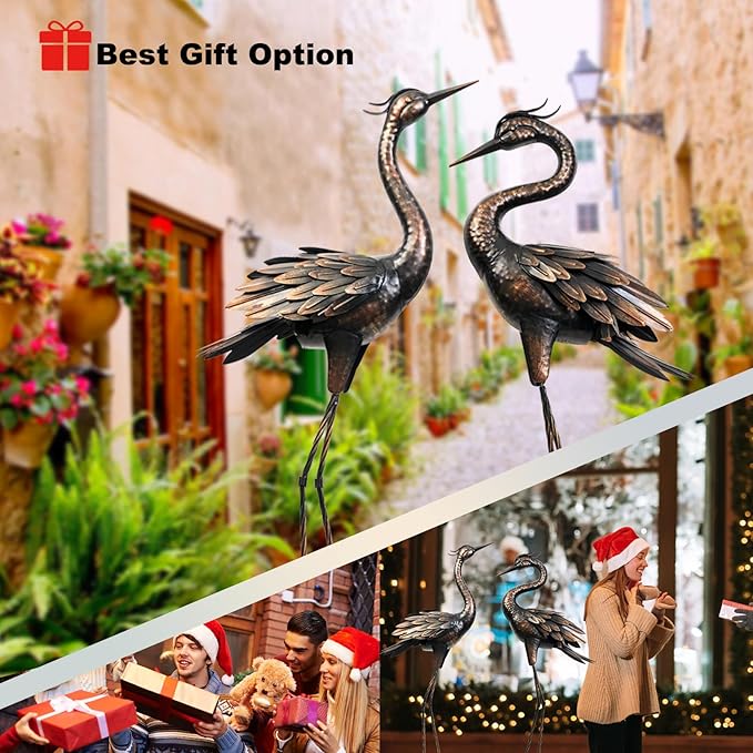 Shorayn Metal Crane Garden Statue, Garden Sculptures & Statues, Bronze Crane Ornaments Yard Art for Backyard Patio Lawn Decorations