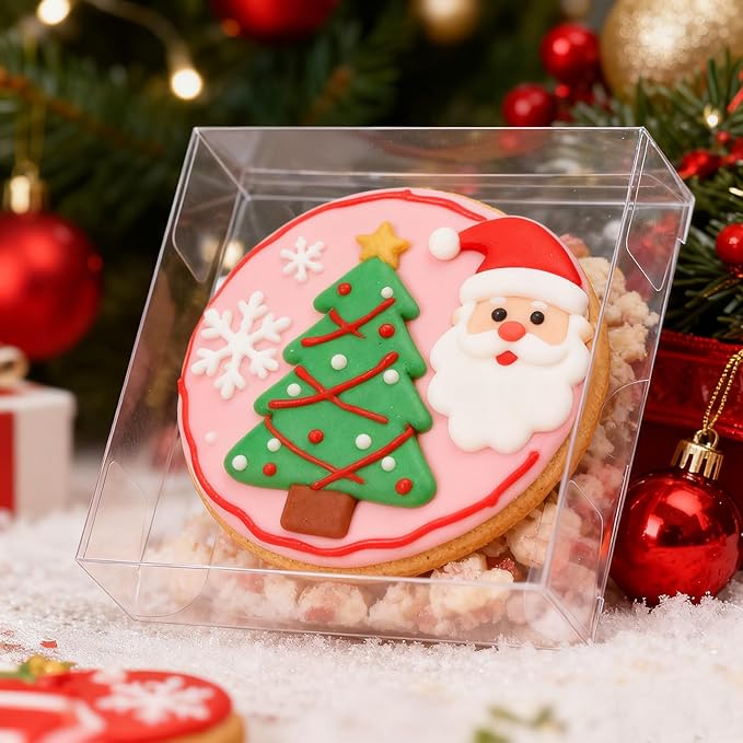 100 Pack 4x4x1.2inch Clear Single Cookies Boxes Small Bakery Boxes Macaron Boxes Brownie Boxes Pastry Boxes for Easter Mother's Father's Christmas Birthday Day