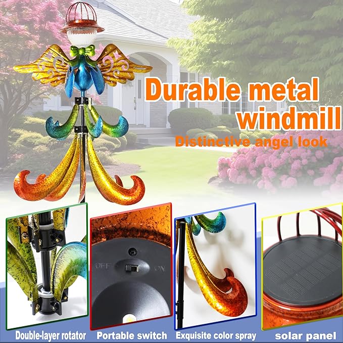 Large Outdoor Wind Spinner with Solar LED Light, Metal Angel Wind Garden Wind Turbine Stake, Weather-Resistant Decorative Solar-Powered Yard Art for Lawn, Patio & Garden