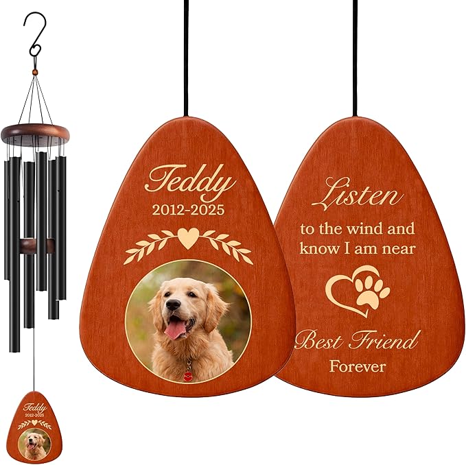Personalized Pet Memorial Wind Chime with Photo - 37" Custom Pet Loss Gift with Name, Date & Quote - Drop Shape Wooden Pendant & Stainless Steel Tubes, Outdoor/Indoor Remembrance Wind Chime, Black D4