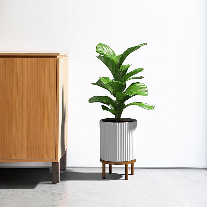 Veradek Demi Series Round Planter w/Stand for Porch/Patio | Durable Plastic-Stone Composite & Wooden Stand | Modern Décor for Tall Plants, Flowers