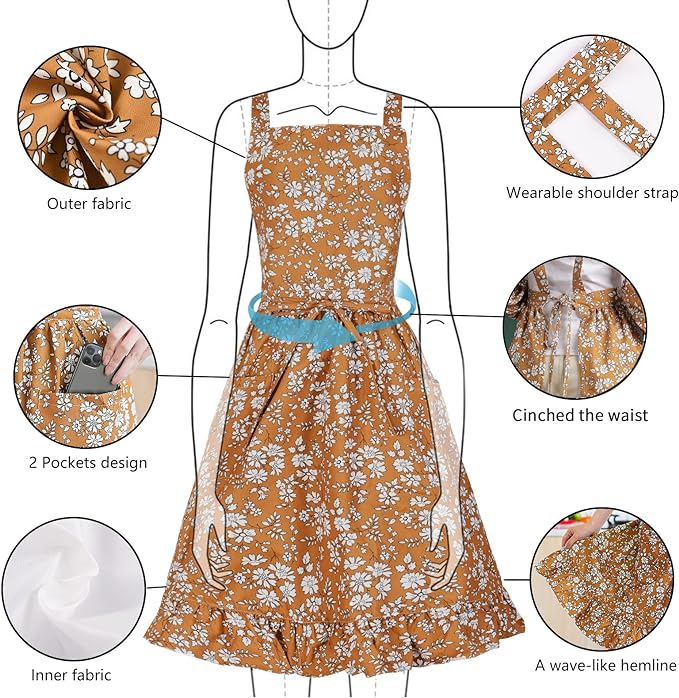 Vintage Pinafore Apron Dress for Women with Pockets Cute Floral Chef Aprons for Kitchen Cooking Baking Gardening