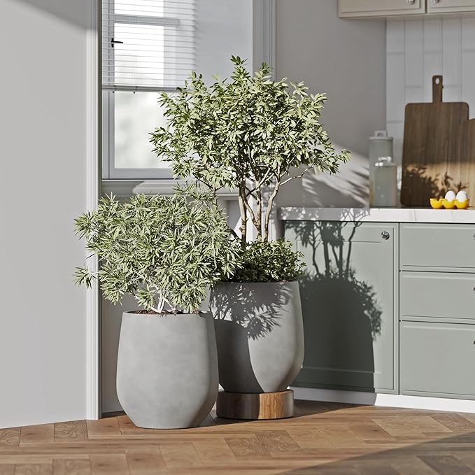 DTY Signature Mount Wilson Lightweight and Durable Modern Fiberstone Tapered Planter for Indoor Outdoor, Drainage Hole & Rubber Plug, Weather Resistant, 11.8" H x 11" Dia, 8" Opening - Small, Gray