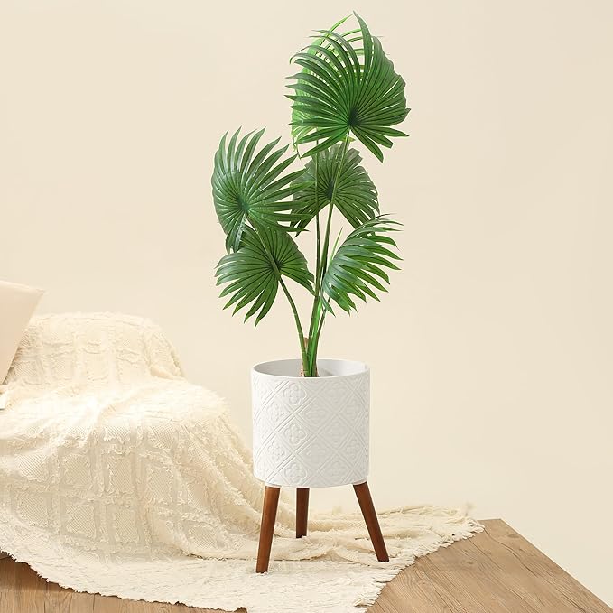 12 Inch Planter Pot with Stand, Planter for Indoor Plants, Modern Large Flower Planter Pot with Drainage Holes for Outdoor,Matte White