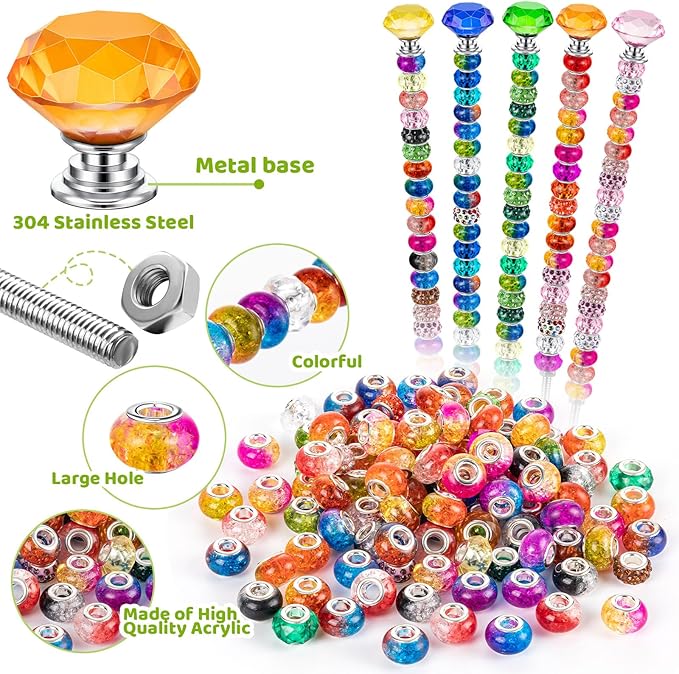 230 Pcs Beaded Garden Stakes, 12IN Fairy Wand Garden Stake Beads Kits with 200 Colorful Assortment Round Large Hole Beads with 10 Crystal Stopper Top,10 Threaded Rod and 10 Nuts for Outdoor Decoration