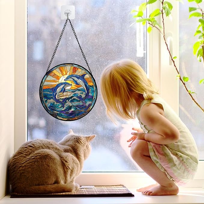 Stained Glass Window Hanging, Blue Dolphin Sun Catchers Colorful Glass Panel Sunrise Sea View Suncatcher Decor for Birthday for Women, Men, Wife, Aunt, and Mom 6.3 in