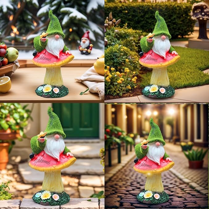 Garden Gnome Statues Decor with Solar Lights, Outdoor Decorations for Yard Porch Lawn Balcony Patio, Housewarming Gifts