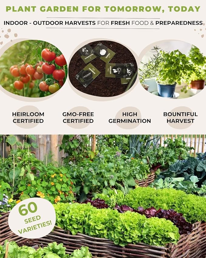 Tactiko Survival 60 Medicinal & Survival Seed Kit – Heirloom Non-GMO USA Grown Seeds for Vegetables, Herbs & Edible Flowers – Emergency Food Supply Vault - Mylar Storage - Tools - Planting Guide