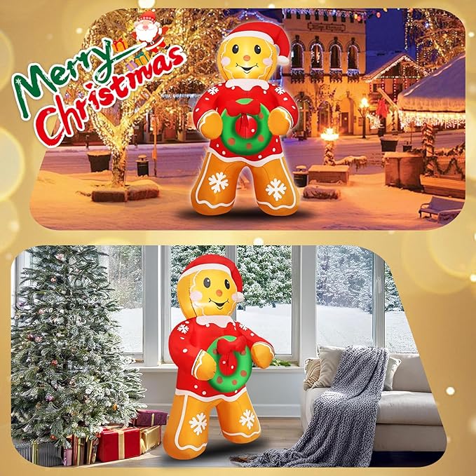 Christmas Gingerbread Man Inflatable Decoration 5.6 FT Outdoor Holiday Yard Decor with Santa Hat and Wreath, Perfect for Lawn, Garden, Party or Indoor Holiday Display