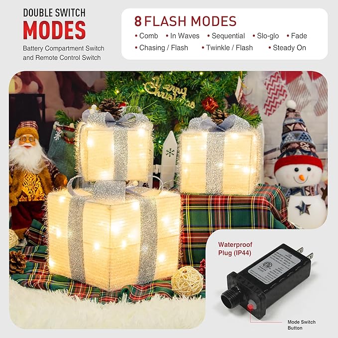 Set of 3 Christmas Lighted Gift Boxes,Outdoor Indoor Christmas Decorations,Plug-in 65 LED Light Up Present Boxes for Christmas Trees Indoor Outdoor Home Yard Lawn Holiday Birthday Party Decor