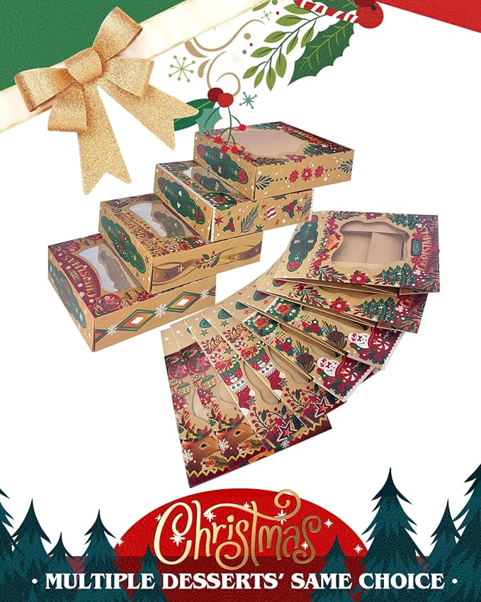 qiqee Christmas Kraft Cookie Boxes with Window 12packs 9x9x2.5 Inch Bakery Box Pastry Box for Christmas