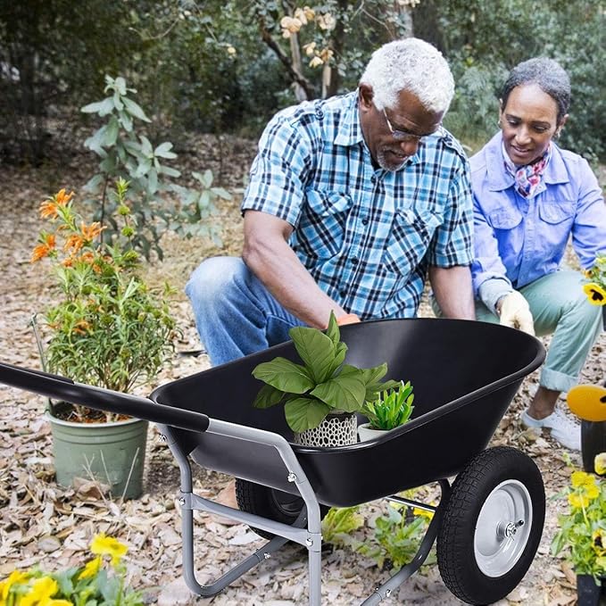 Goplus Dual Wheel Wheelbarrow, Heavy Duty Garden Cart, 330 lbs Capacity Utility Cart with Two 13 inches Pneumatic Tires for Outdoor Lawn Yard Farm Ranch Black