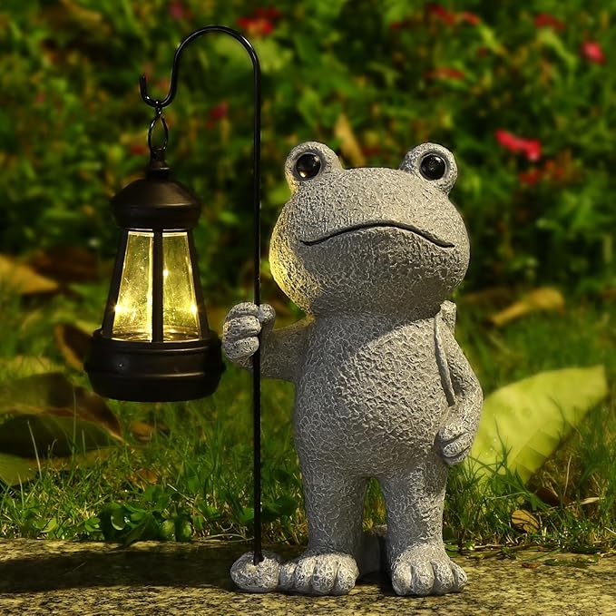 Garden Statue Frog Outdoor Decor, Solar Patio Garden Sculptures & Statues, Resin Decor Gift for Women, Mom, Grandma, Stone