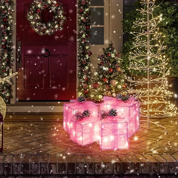 Set of 4 Pink Christmas Lighted Gift Boxes, Pre-lit Light up Present Set with Different Sizes for Holiday Indoor Outdoor Decorations - Battery Operated (Pink)