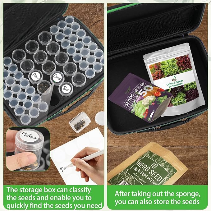 57 Slots Seed Storage Organizer Box with 0.6 oz 1.5 oz Garden Seed Containers, Label Stickers, Plant Label, Envelopes, Zipper Closure Seed Holder Organizer Kit for Vegetable/Flower/Plants Seed Saving