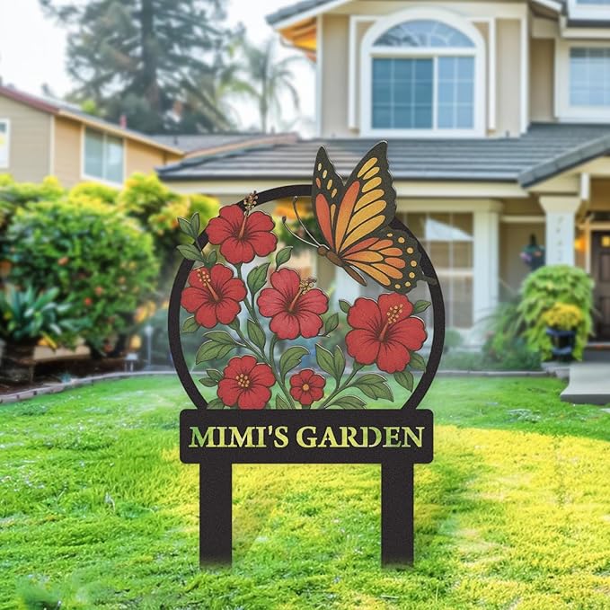 Personalized Garden Signs, Colorful Butterfly Garden Decor for Outside, Decorative Yard Stakes, Metal Yard Art, Patio Decor, Custom Last Name Sign, Lawn Art, Gardening Gifts Color05
